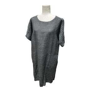 $298 Eileen Fisher Womens Gray Organic Linen Striped Shift Dress Size Small